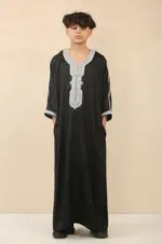 HM62 - Boys Black Moroccan Thobe Short Sleeve Embroidery Gandoura