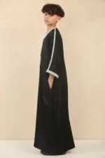 HM62 - Boys Black Moroccan Thobe Short Sleeve Embroidery Gandoura - Image 3