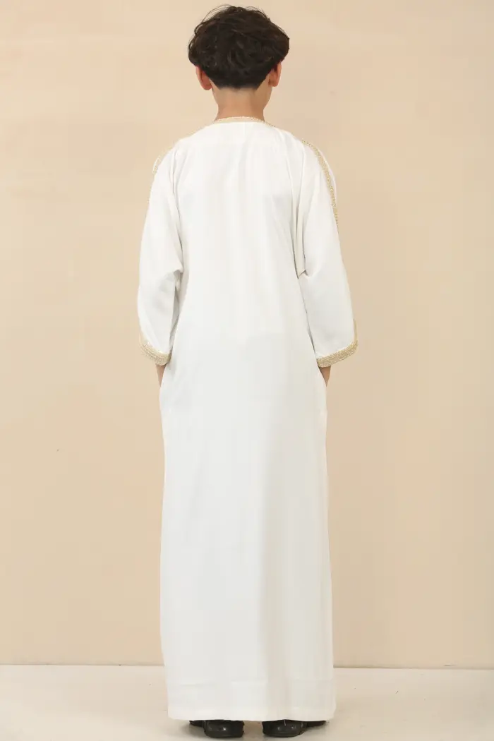 HM62 - Boys White Moroccan Thobe Short Sleeve Embroidery Gandoura - Image 4