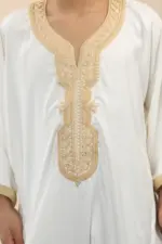 HM62 - Boys White Moroccan Thobe Short Sleeve Embroidery Gandoura - Image 5