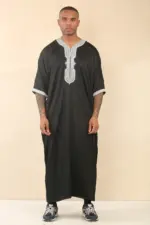 HM62 - Men's Black Moroccan Thobe Silver Embroidery Gandoura - Image 3