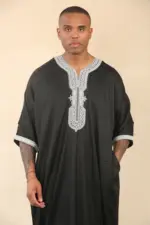 HM62 - Men's Black Moroccan Thobe Silver Embroidery Gandoura - Image 4