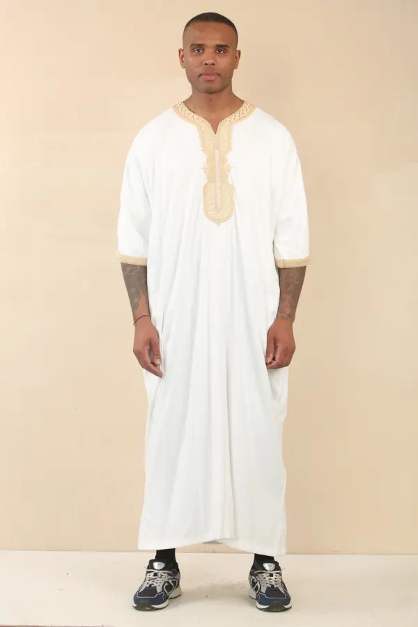 HM62 Mens White Moroccan Thobe Gold Embroidery Gandoura 1