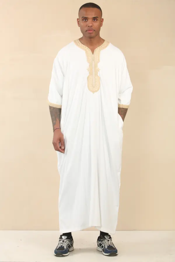 HM62 Mens White Moroccan Thobe Gold Embroidery Gandoura 2