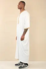 HM62 - Men's White Moroccan Thobe Gold Embroidery Gandoura - Image 5