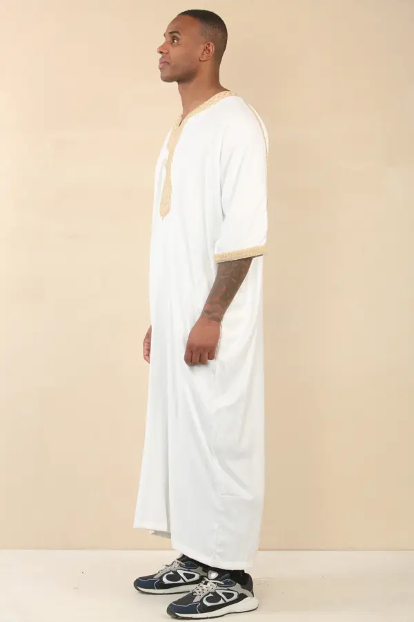 HM62 Mens White Moroccan Thobe Gold Embroidery Gandoura 3