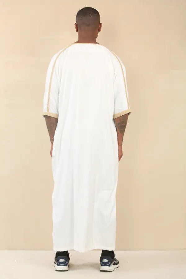 HM62 Mens White Moroccan Thobe Gold Embroidery Gandoura 4