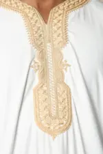 HM62 - Men's White Moroccan Thobe Gold Embroidery Gandoura - Image 7