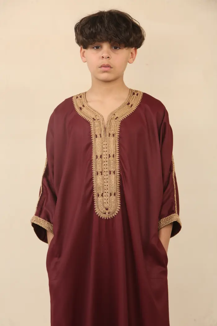 HM63 - Boys Moroccan Thobe Short Sleeve Embroidery Gandoura - Image 4