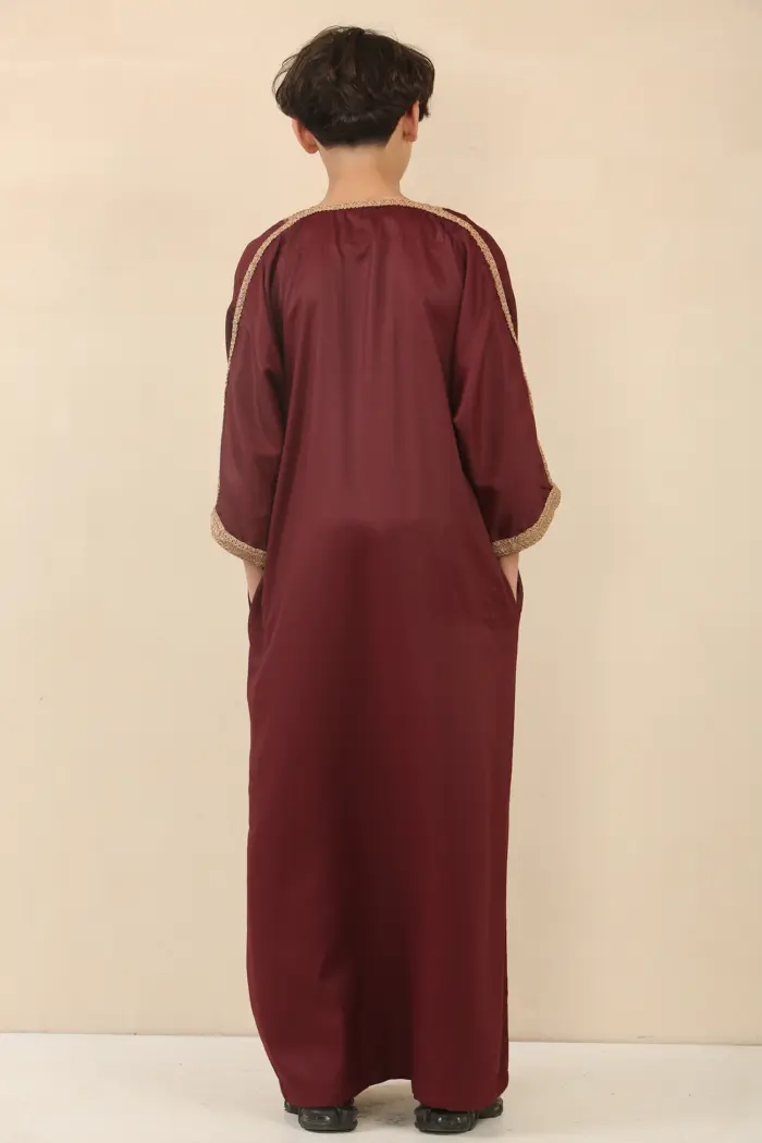 HM63 - Boys Moroccan Thobe Short Sleeve Embroidery Gandoura - Image 7