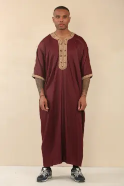 Alternative view of HM63 - Men's Burgundy Moroccan Thobe Gold Embroidery