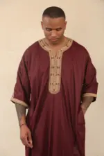 HM63 - Men's Burgundy Moroccan Thobe Gold Embroidery - Image 3