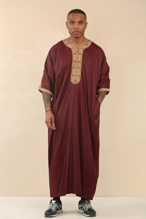 HM63 Mens Burgundy Moroccan Thobe Gold Embroidery 3