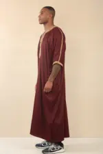 HM63 - Men's Burgundy Moroccan Thobe Gold Embroidery - Image 5