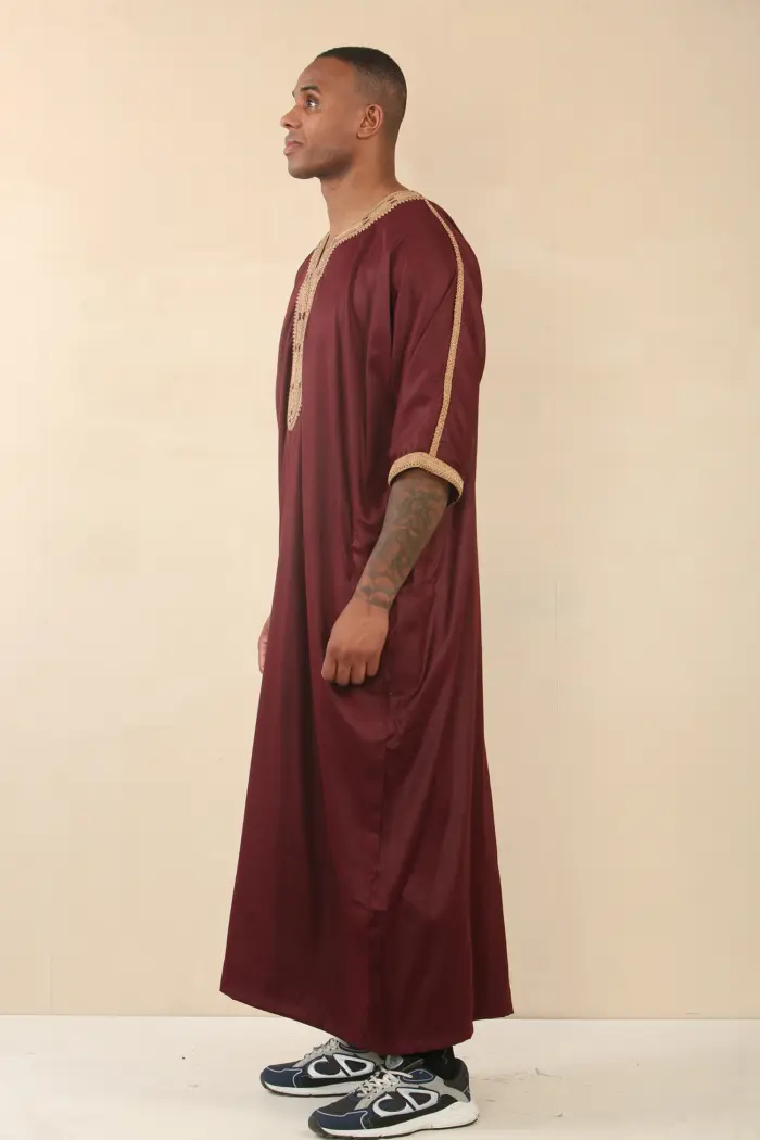 HM63 - Men's Burgundy Moroccan Thobe Gold Embroidery - Image 5