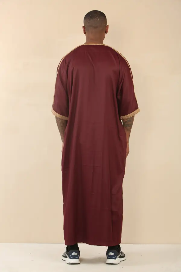 HM63 Mens Burgundy Moroccan Thobe Gold Embroidery 5