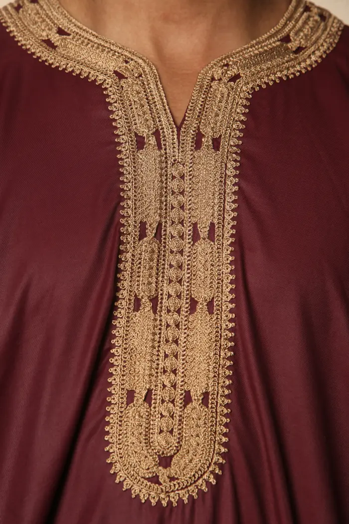 HM63 - Men's Burgundy Moroccan Thobe Gold Embroidery - Image 7
