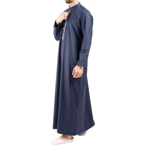 Mens Navy Stand Collar Thobe Islamic Clothing 1