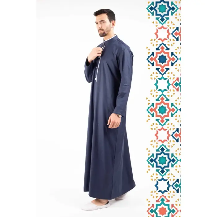 112 - Men's Navy Stand Collar Thobe Islamic Clothing - Image 1