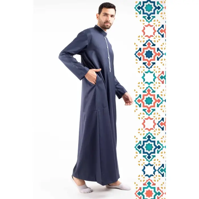 112 - Men's Navy Stand Collar Thobe Islamic Clothing - Image 2