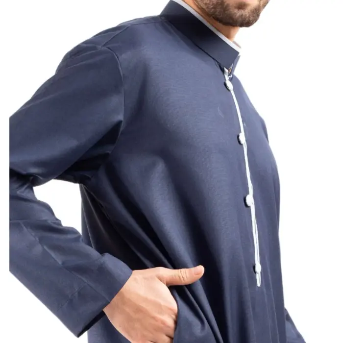 112 - Men's Navy Stand Collar Thobe Islamic Clothing - Image 3