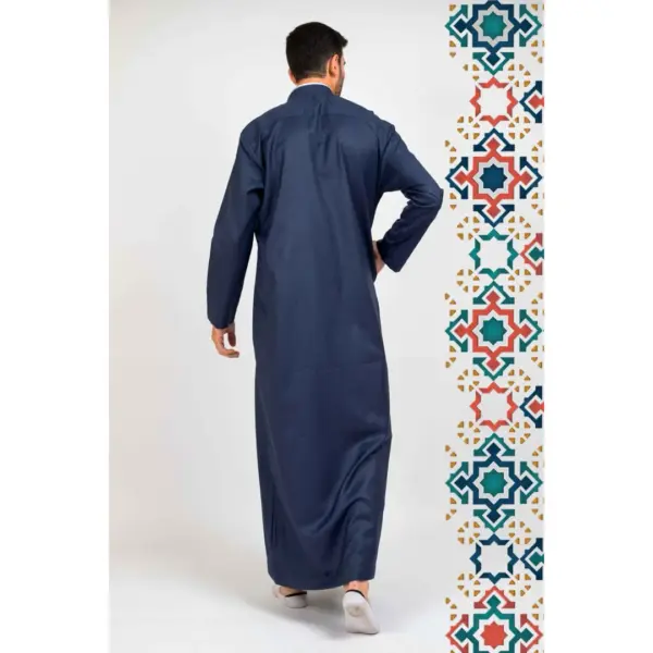 Mens Navy Stand Collar Thobe Islamic Clothing 5