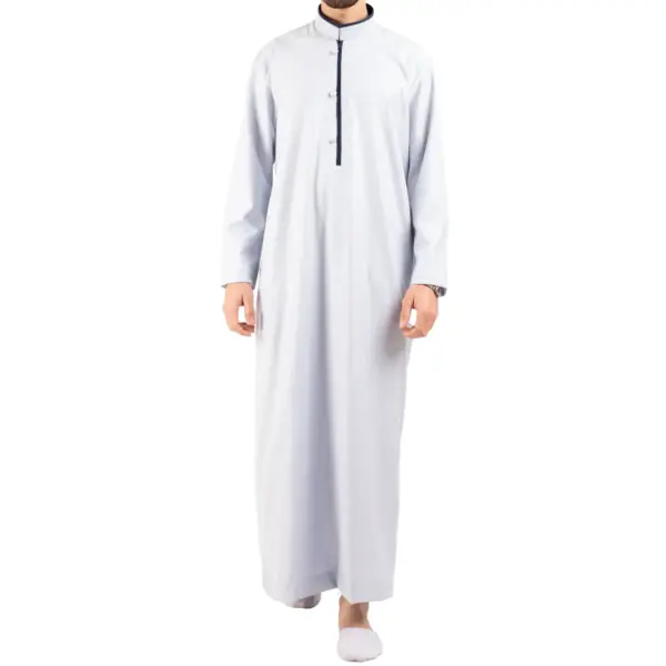 Mens White Stand Collar Thobe Islamic Clothing 1