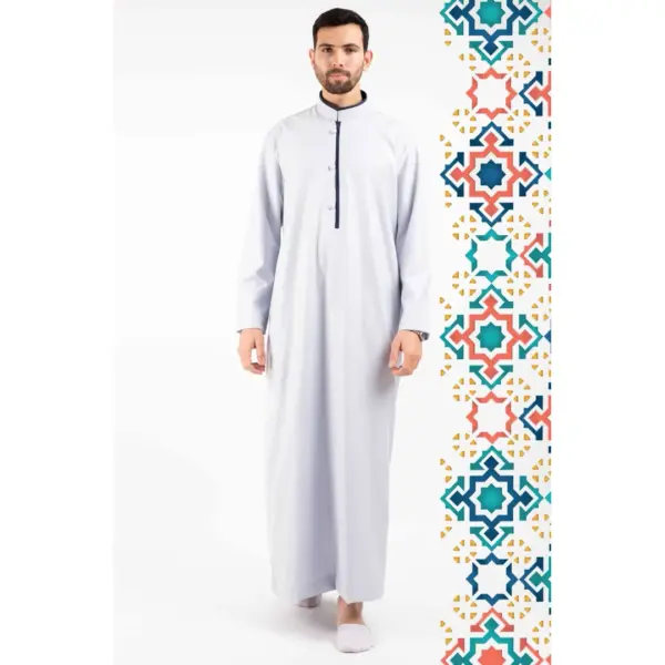 Mens White Stand Collar Thobe Islamic Clothing 2