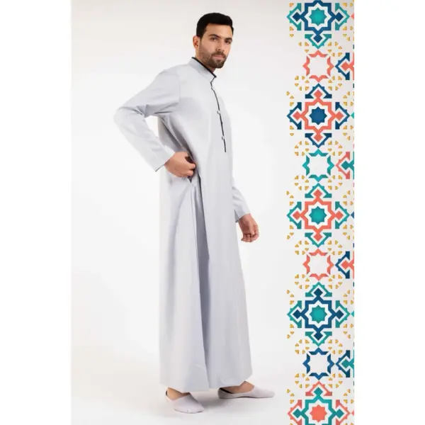 Mens White Stand Collar Thobe Islamic Clothing 3