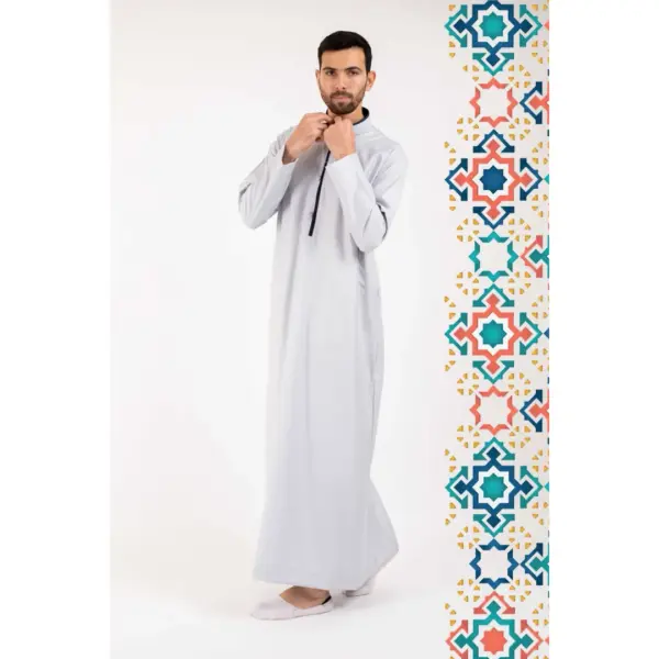 Mens White Stand Collar Thobe Islamic Clothing 4