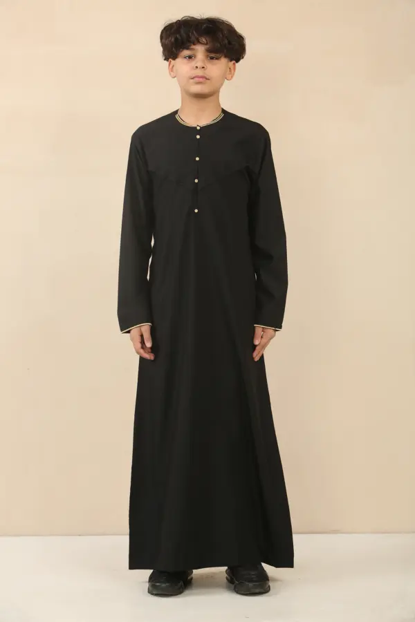 OE 300 Boys Black Emirati Omani Thobe Gold Embroidery 1