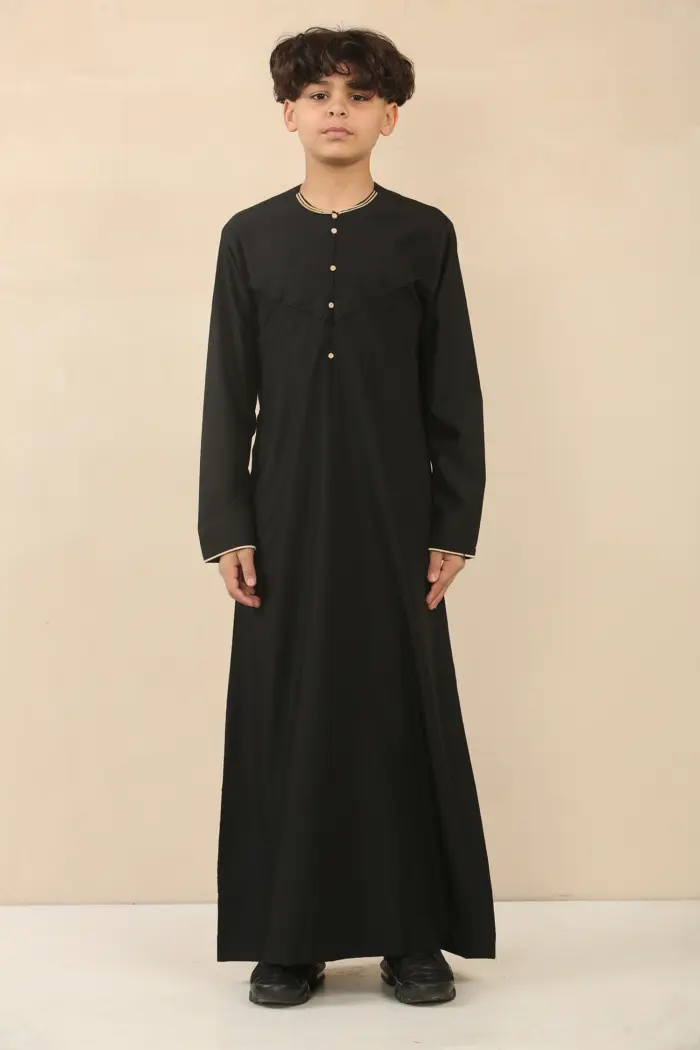 OE-300 - Boy's Black Emirati Omani Thobe Gold Embroidery - Image 1