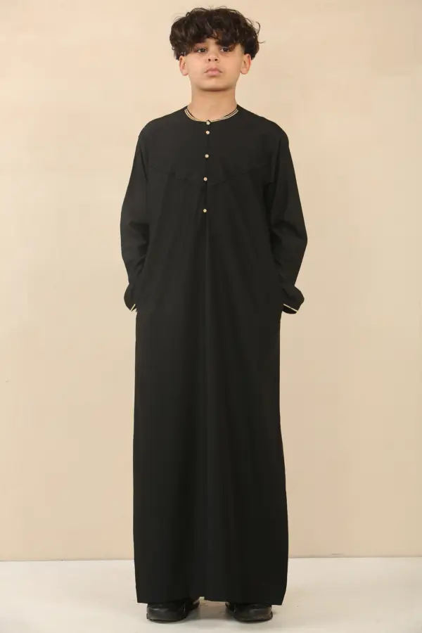 OE 300 Boys Black Emirati Omani Thobe Gold Embroidery 4