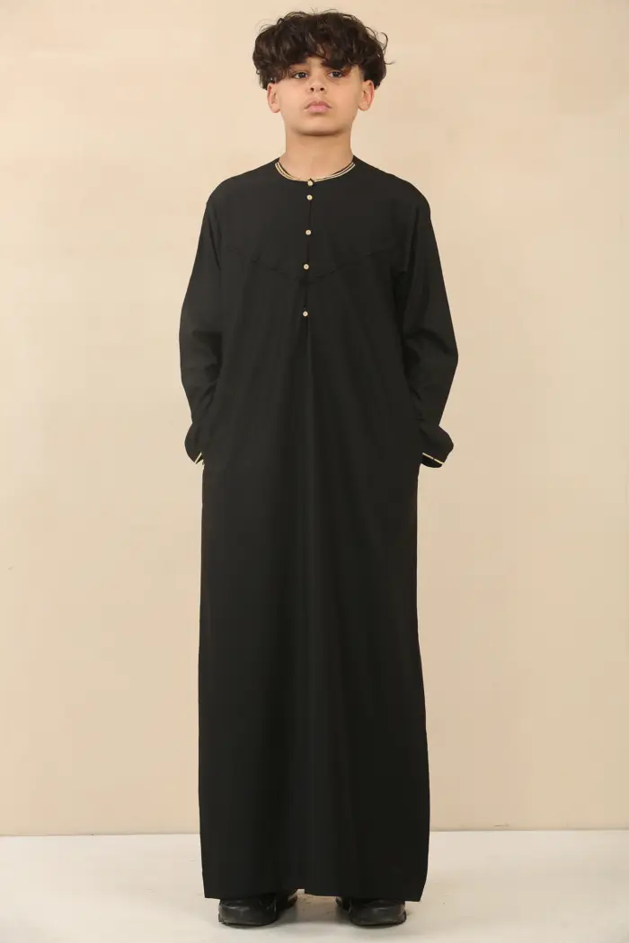 OE-300 - Boy's Black Emirati Omani Thobe Gold Embroidery - Image 4