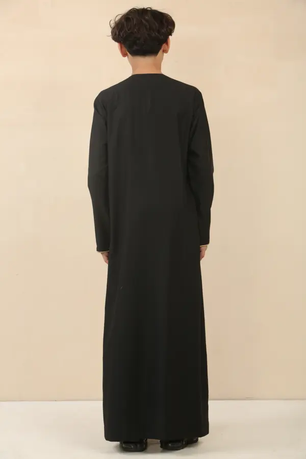 OE 300 Boys Black Emirati Omani Thobe Gold Embroidery 6