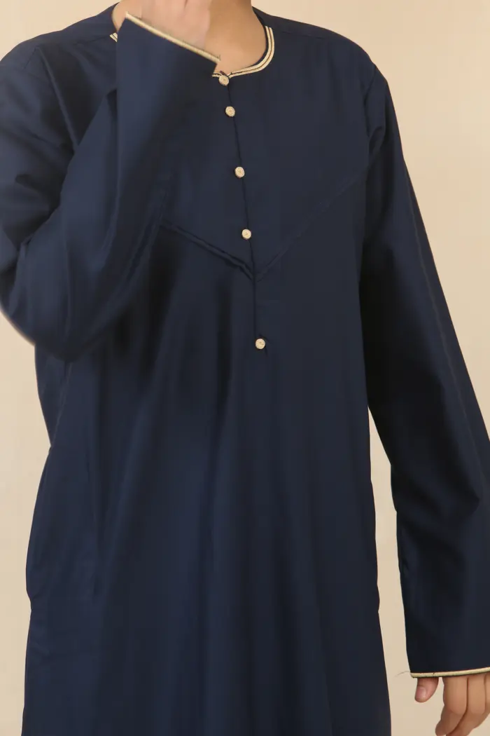 OE-300 - Boy's Navy Emirati Omani Thobe Gold Embroidery - Image 2