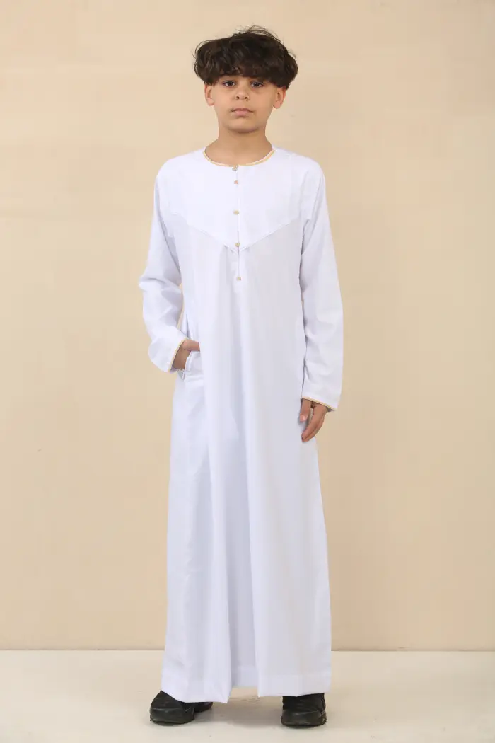 OE-300 - Boy's White Emirati Omani Thobe Gold Embroidery - Image 1