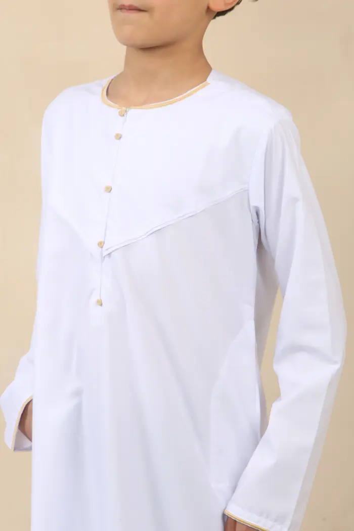 OE-300 - Boy's White Emirati Omani Thobe Gold Embroidery - Image 4