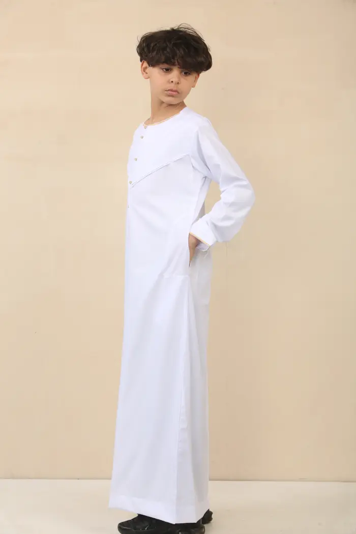 OE-300 - Boy's White Emirati Omani Thobe Gold Embroidery - Image 6