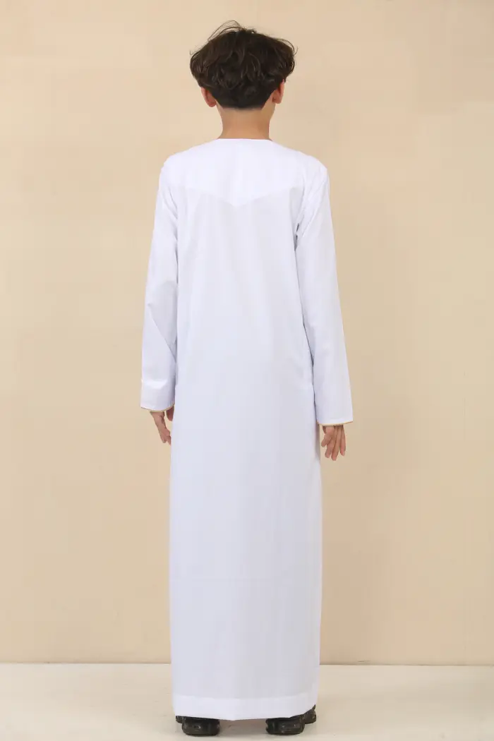 OE-300 - Boy's White Emirati Omani Thobe Gold Embroidery - Image 7