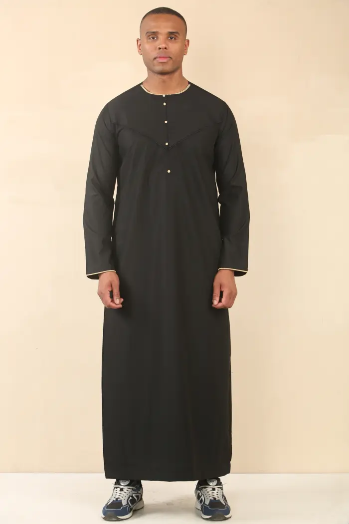OE-300 - Men's Black Emirati Omani Thobe Gold Embroidery - Image 3
