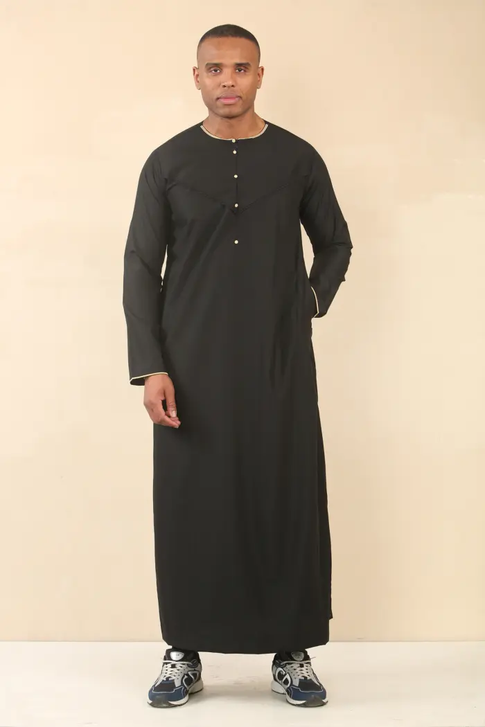 OE-300 - Men's Black Emirati Omani Thobe Gold Embroidery - Image 5