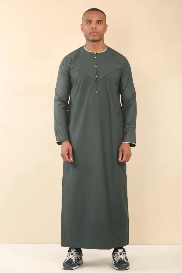 OE-300 - Men's Green Emirati Omani Thobe Gold Embroidery - Image 3