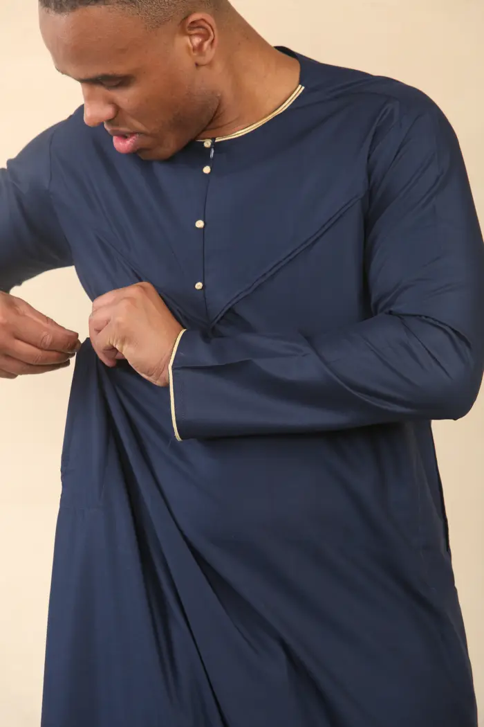 OE-300 - Men's Navy Emirati Omani Thobe Gold Embroidery - Image 4