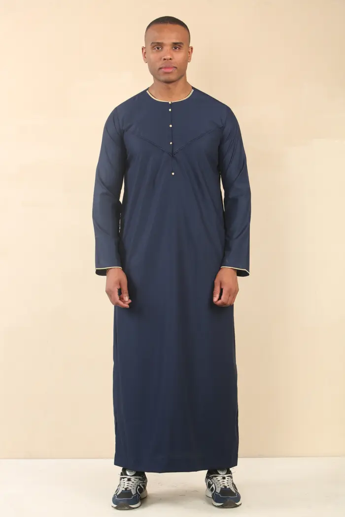 OE-300 - Men's Navy Emirati Omani Thobe Gold Embroidery - Image 3