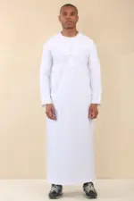 OE-300 - Men's White Emirati Omani Thobe Gold Embroidery - Image 3