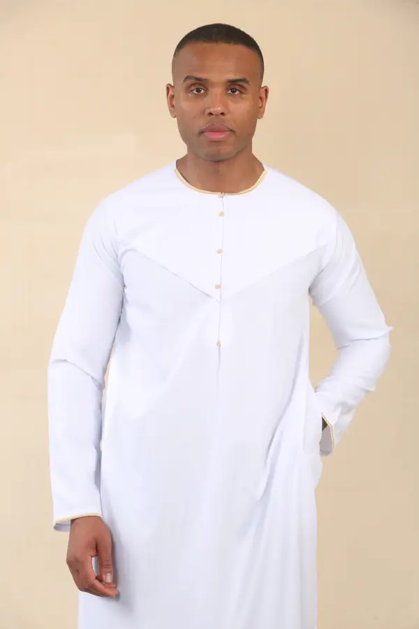 OE 300 Mens White Emirati Omani Thobe Gold Embroidery 2