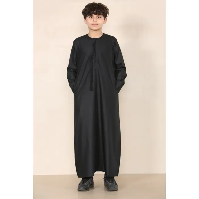 TT-001 Boy's Black Thobe Emirati Islamic Clothing String Tassel - Image 1
