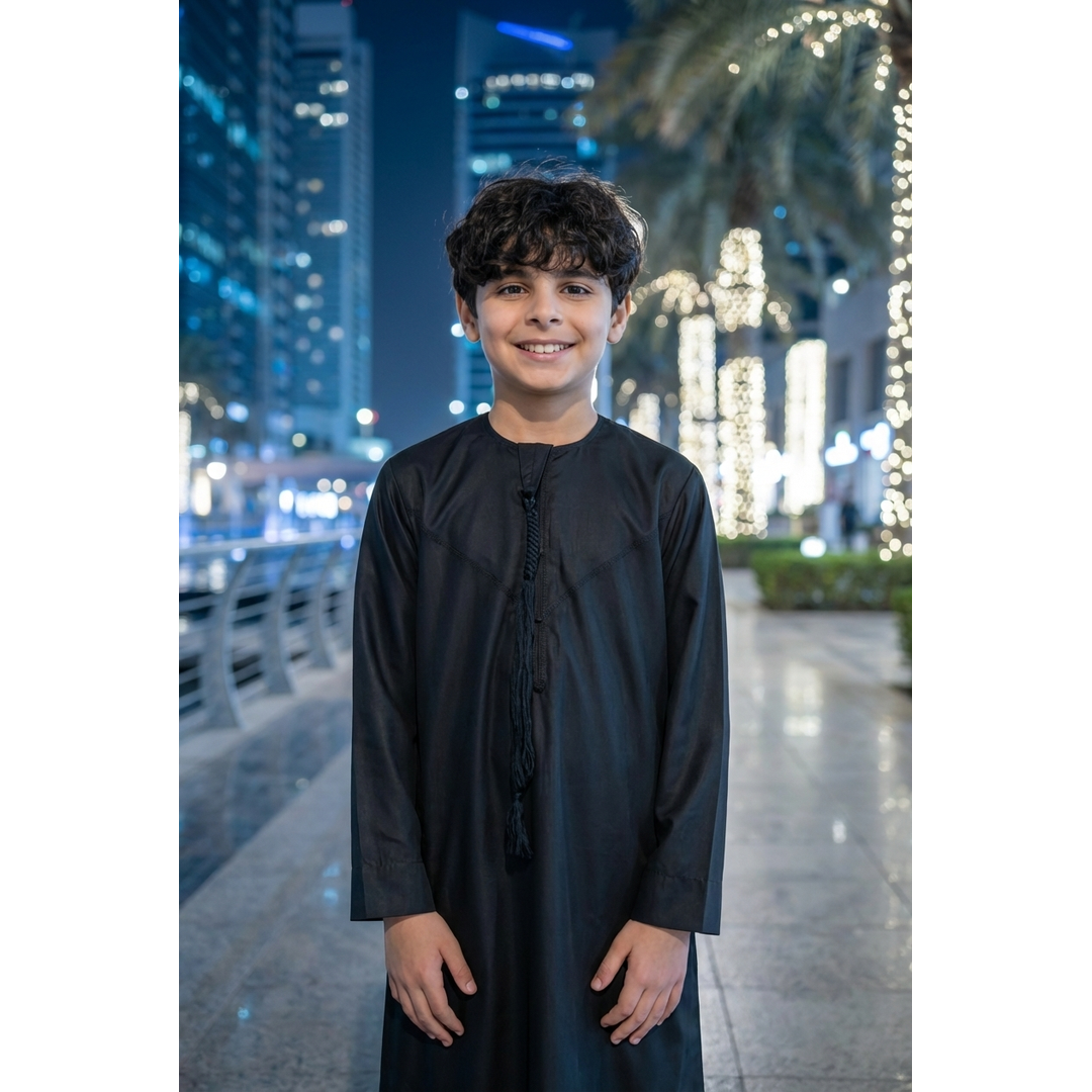 TT-001 Boy's Black Thobe Emirati Islamic Clothing String Tassel - Image 2
