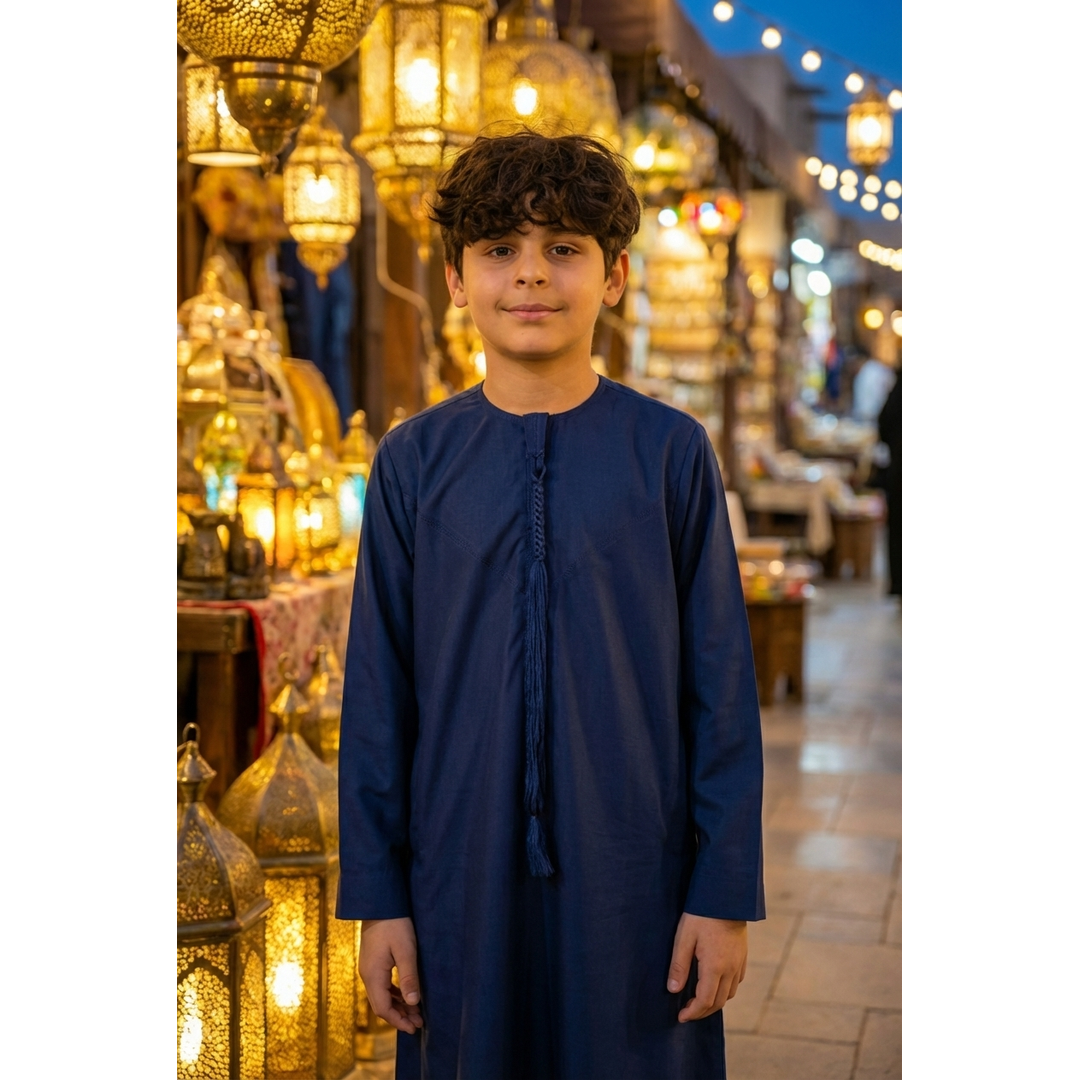 TT-001 Boy's Navy Thobe Emirati Islamic Clothing String Tassel - Image 2